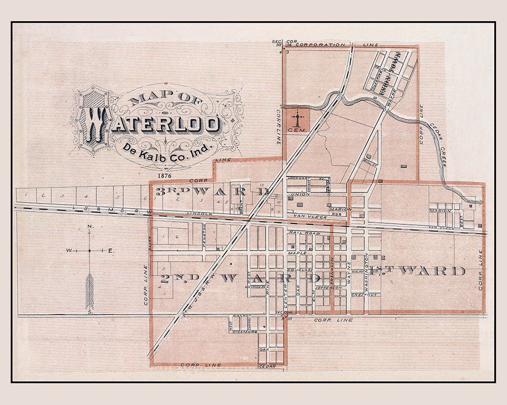 1876 Town Map of Waterloo De Kalb County Indiana