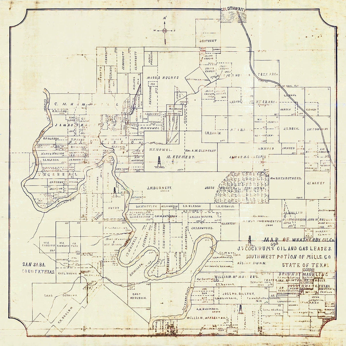 1918 Map of Mills County Texas Oil and Gas Leases Weatherby Oil Company