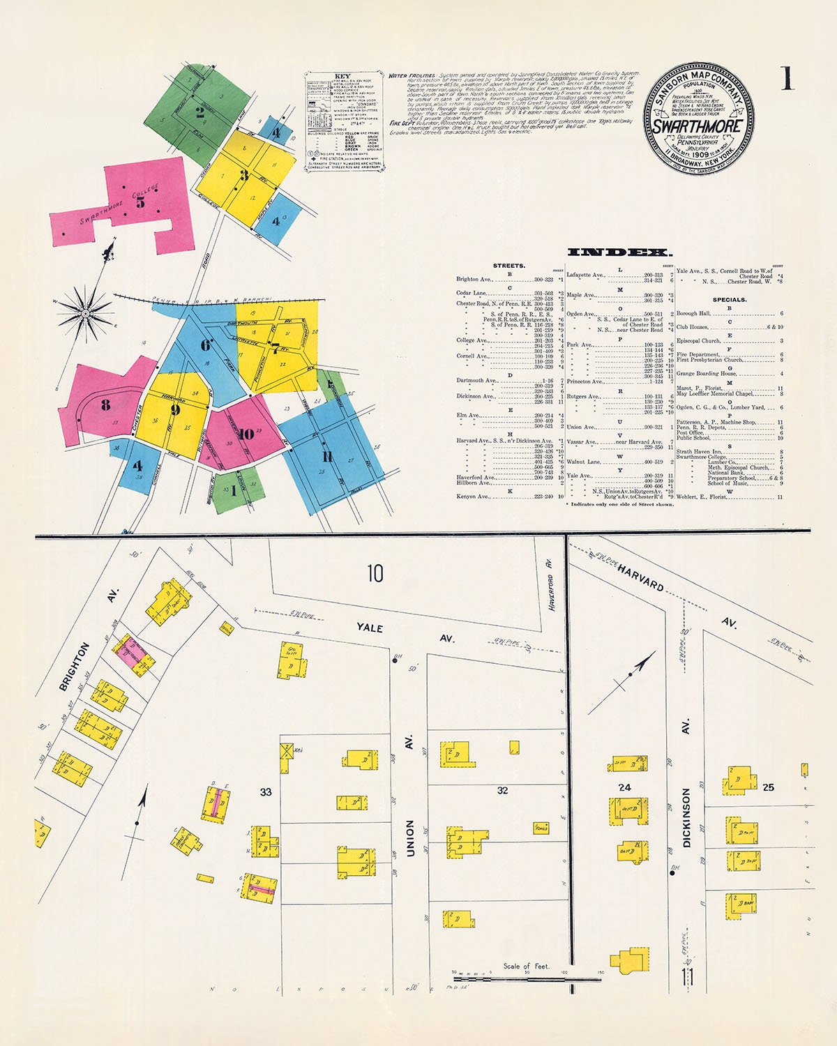 1909 Town Map of Swarthmore Delaware County Pennsylvania