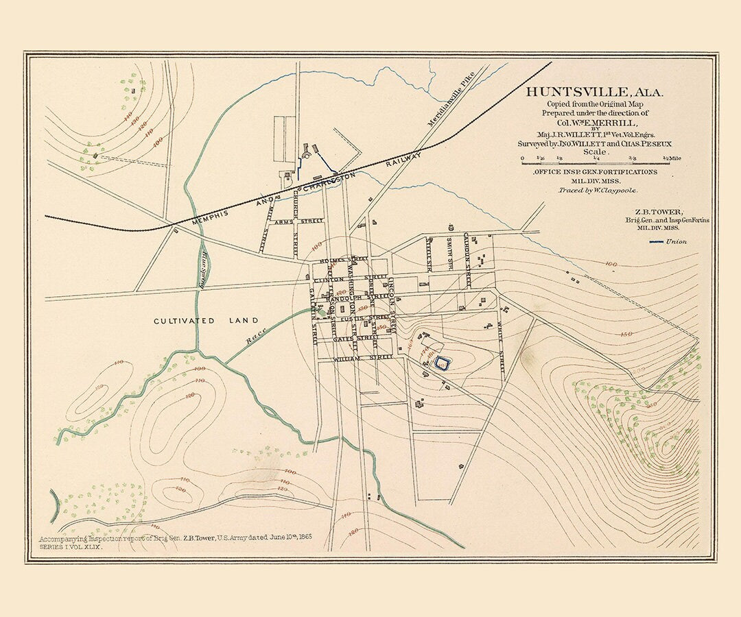 1865 Town Map of Huntsville Alabama
