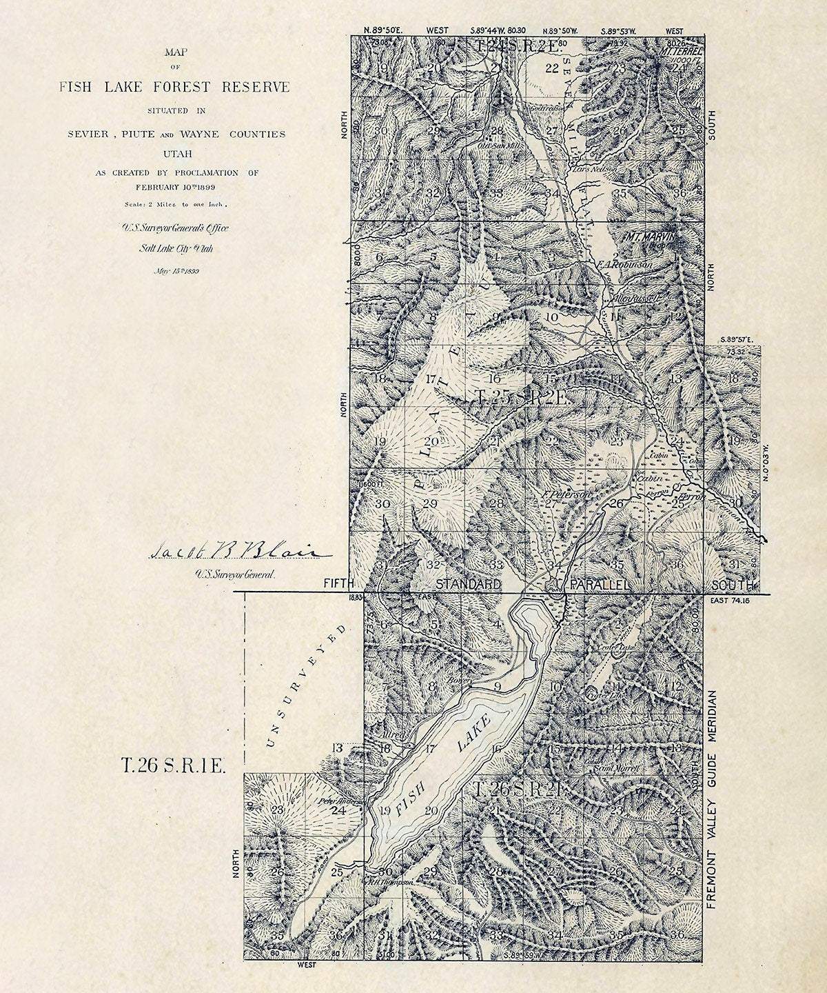1899 Map of Fish Lake Utah Sevier Piute and Wayne County