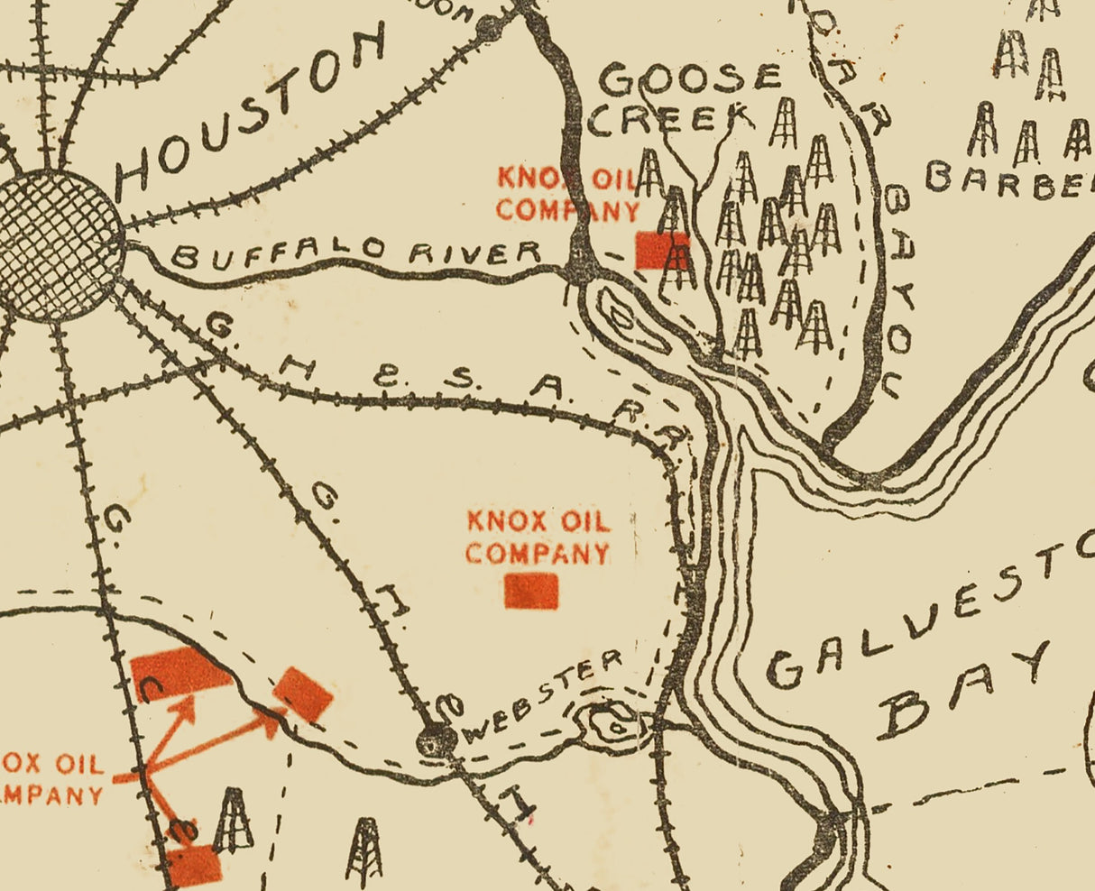 1916 Map of Texas Oil Fields Near Houston and Galveston
