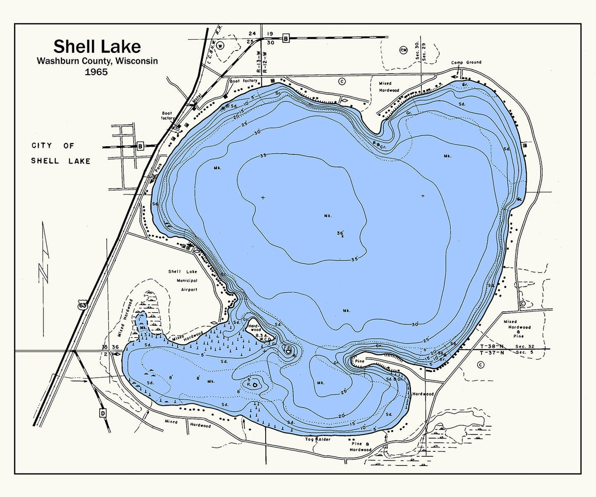 1965 Map of Shell Lake Washburn County Wisconsin