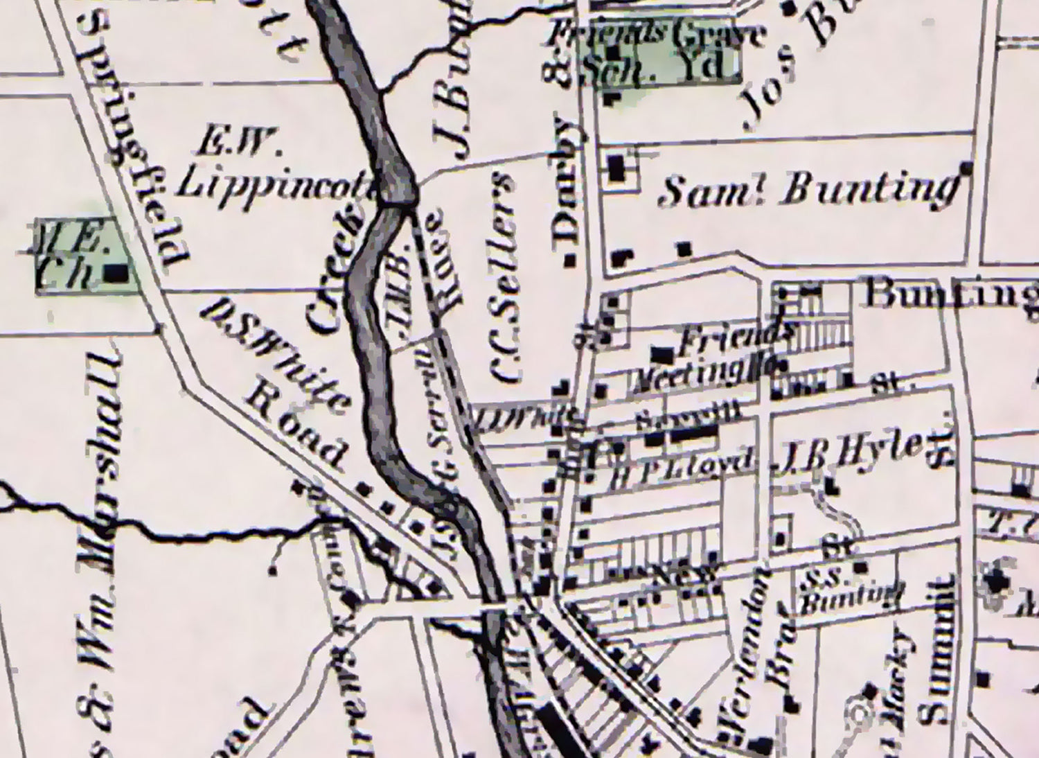 1876 Town Map of Darby Delaware County Pennsylvania