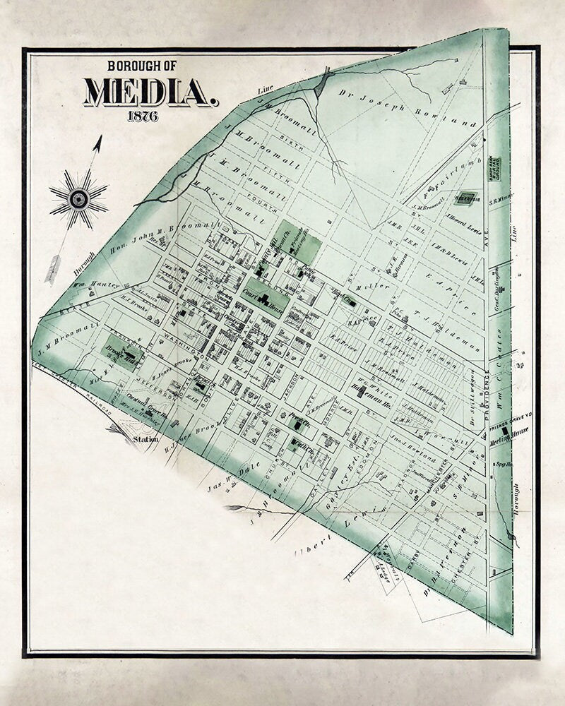 1876 Town Map of Media Delaware County Pennsylvania