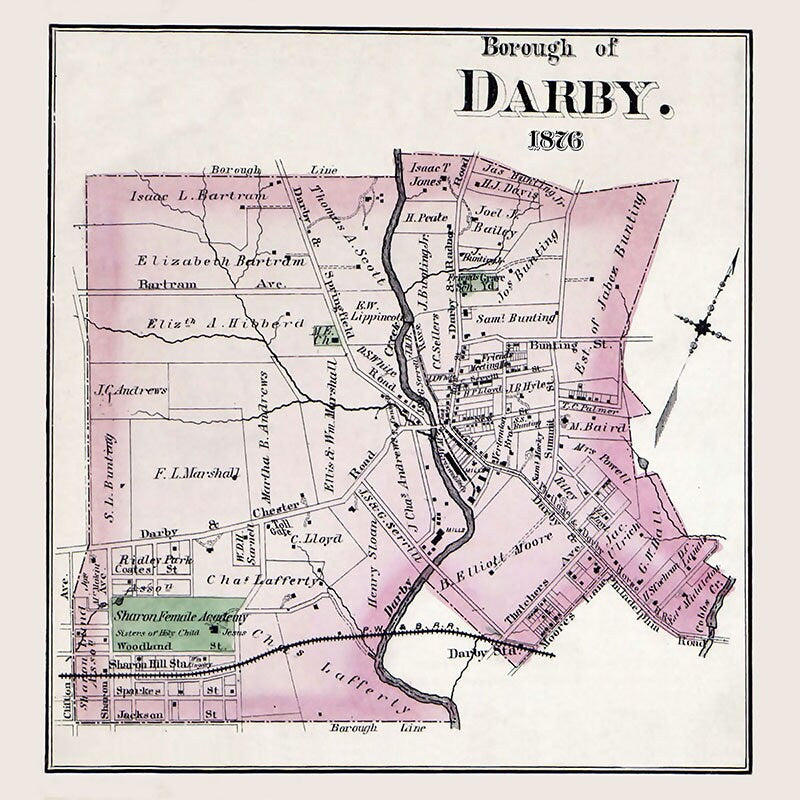 1876 Town Map of Darby Delaware County Pennsylvania
