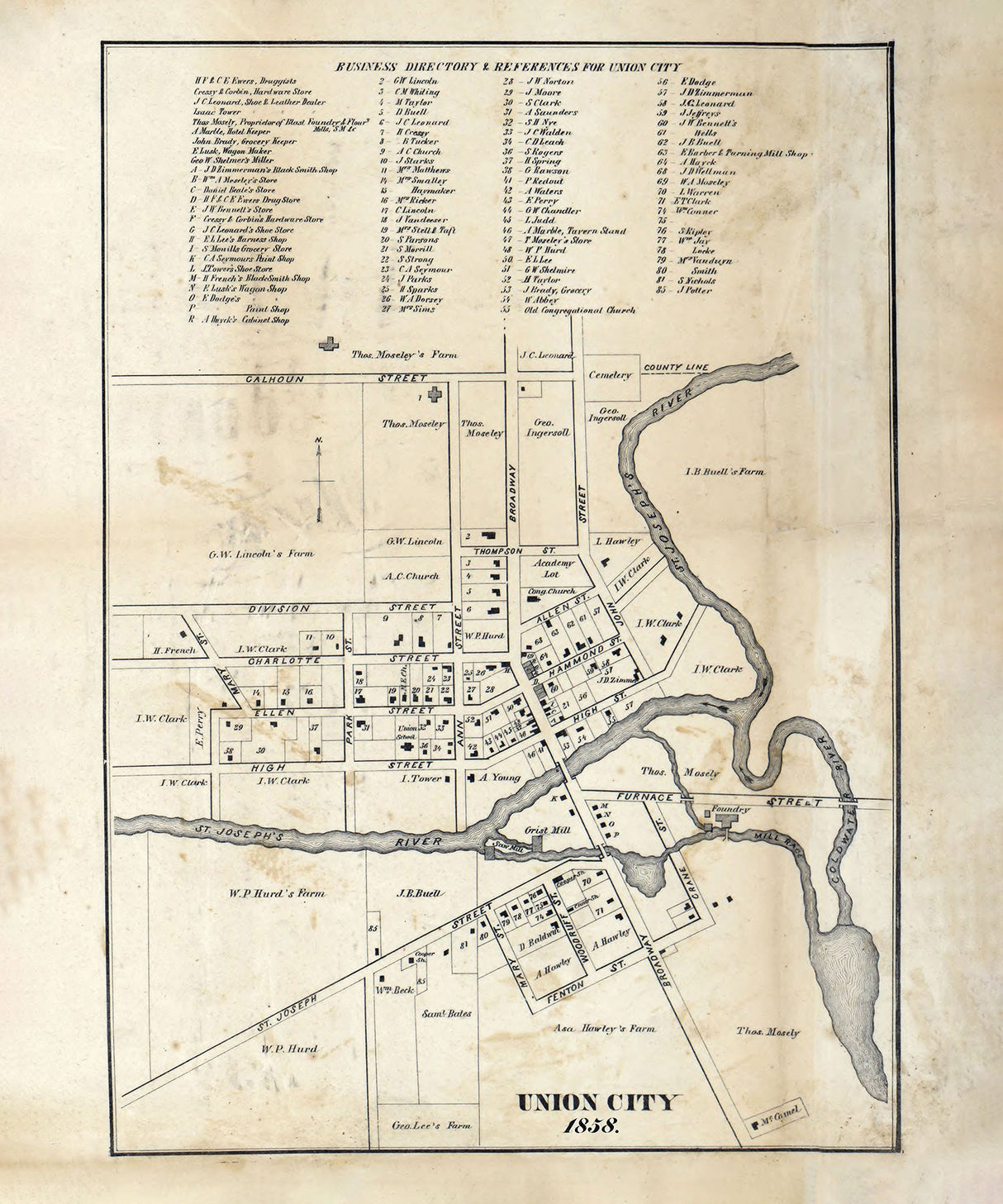 1858 Map of Union City Branch County Michigan