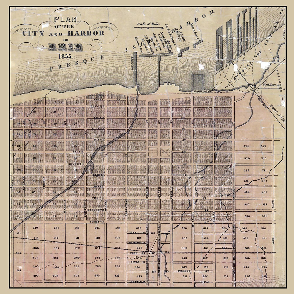 1855 Town Map of Erie Erie County Pennsylvania