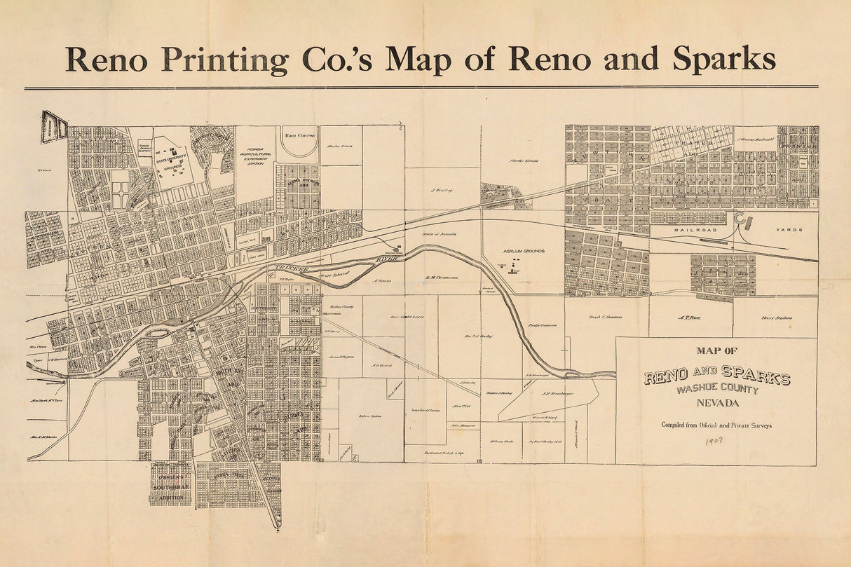 1907 Map of Reno and Sparks Washoe County Nevada