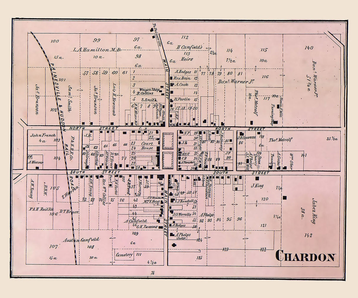 1857 Town Map of Chardon Geauga County Ohio