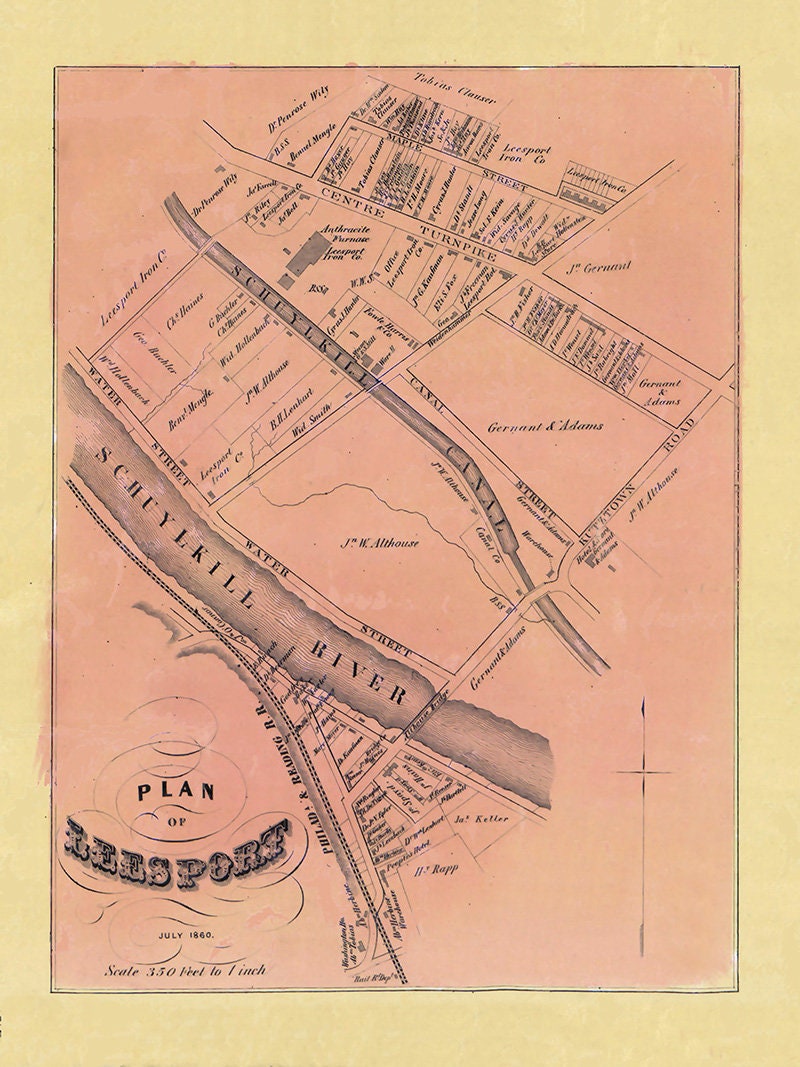 1860 Town Map of Leesport Berks County Pennsylvania