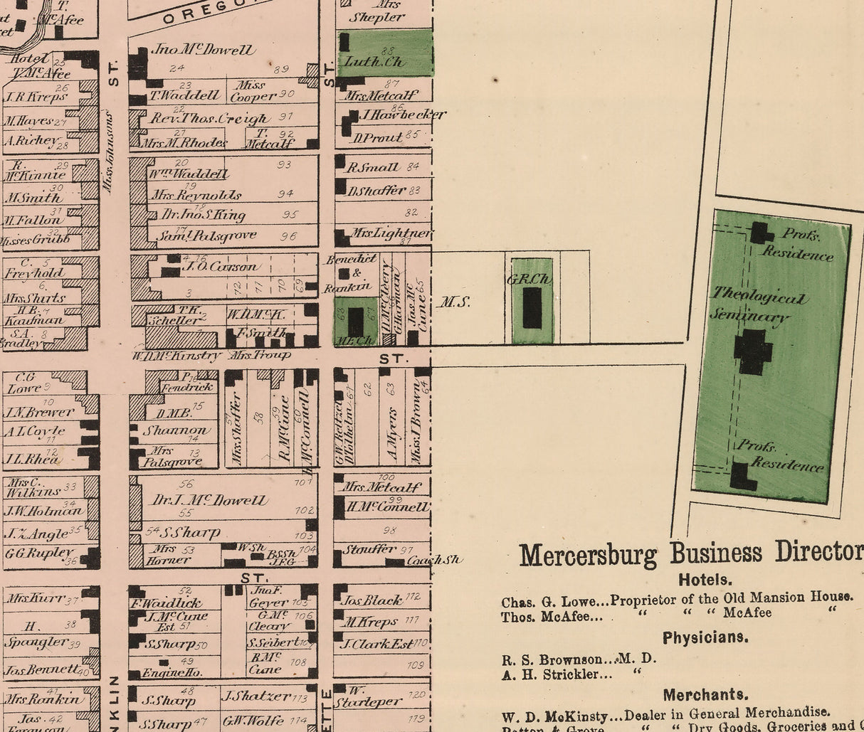1868 Town Map of Mercersburg Franklin County Pennsylvania