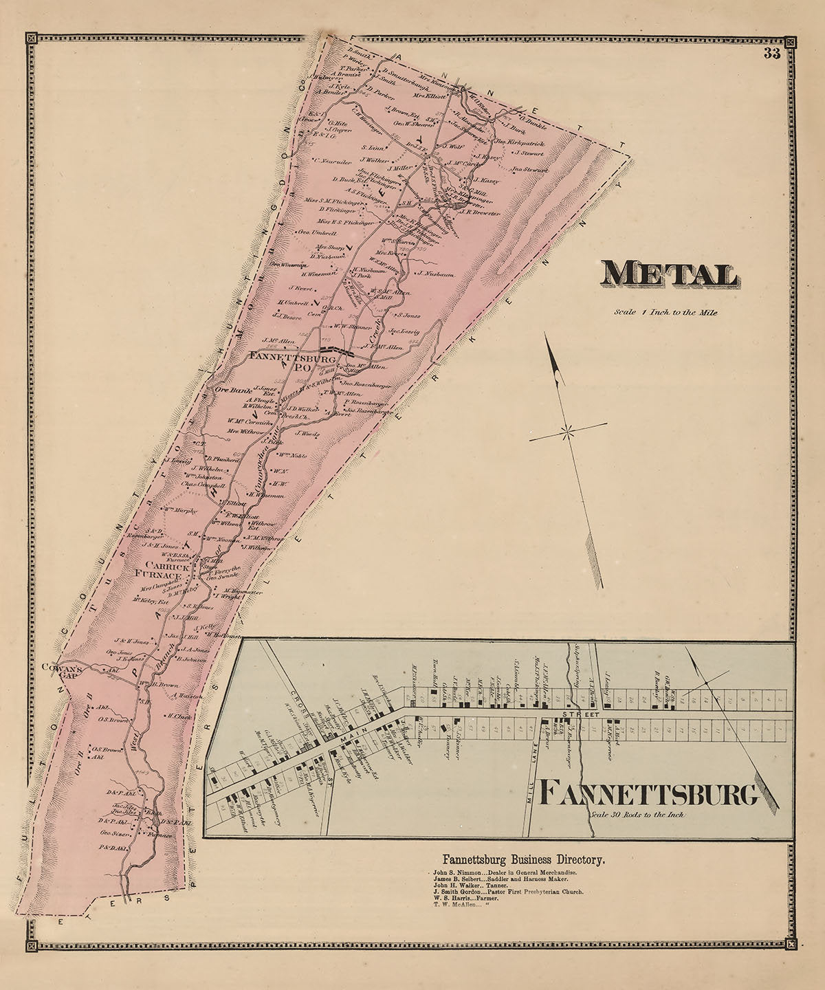 1868 Map of Metal Township Franklin County Pennsylvania