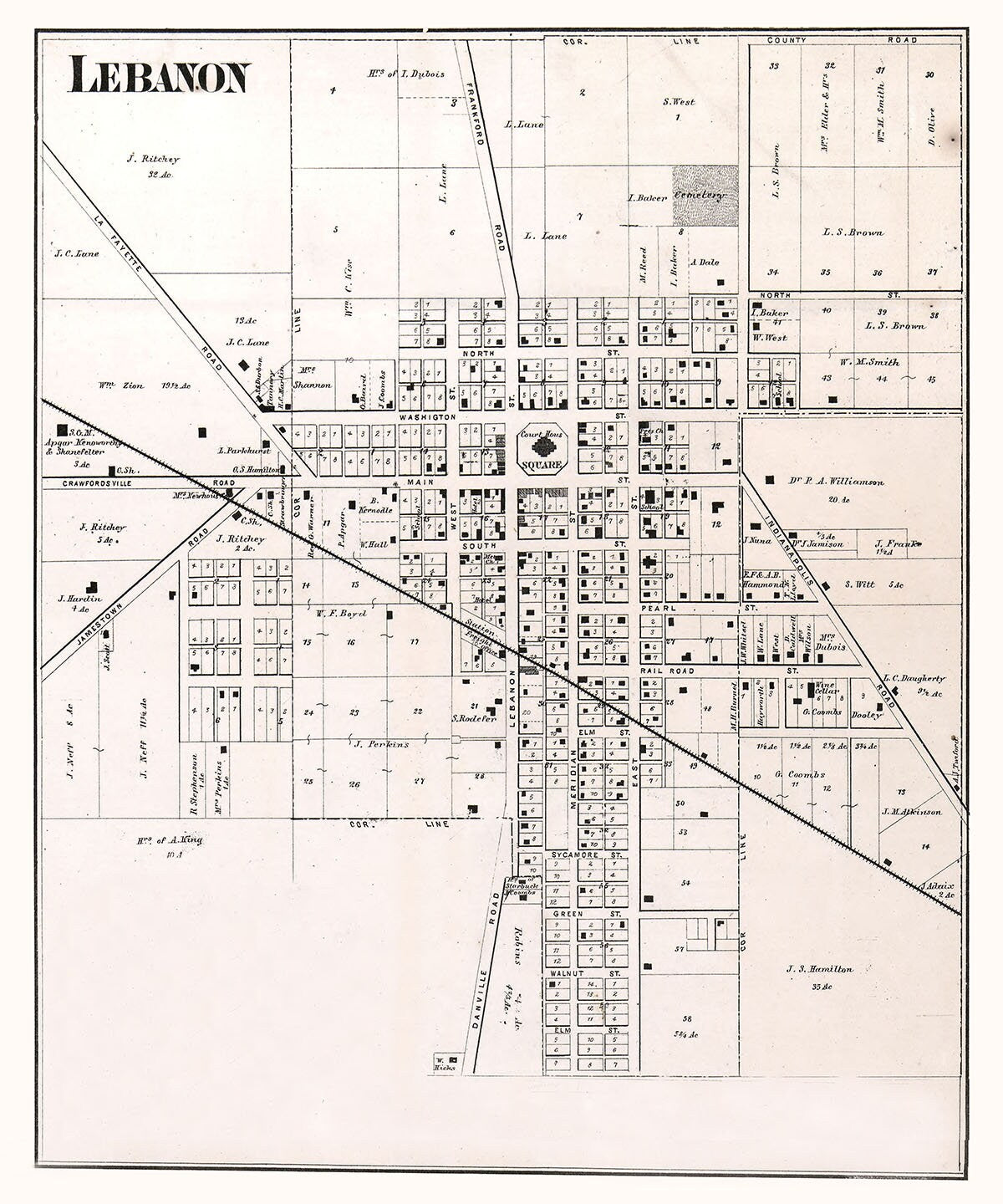 1865 Town Map of Lebanon Boone County Indiana