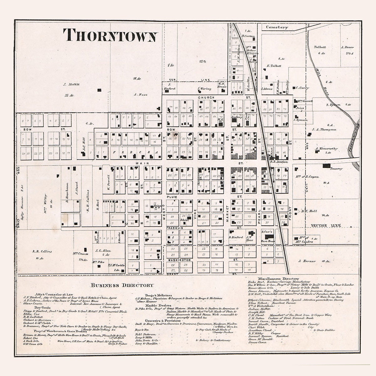 1865 Town Map of Thorntown Boone County Indiana