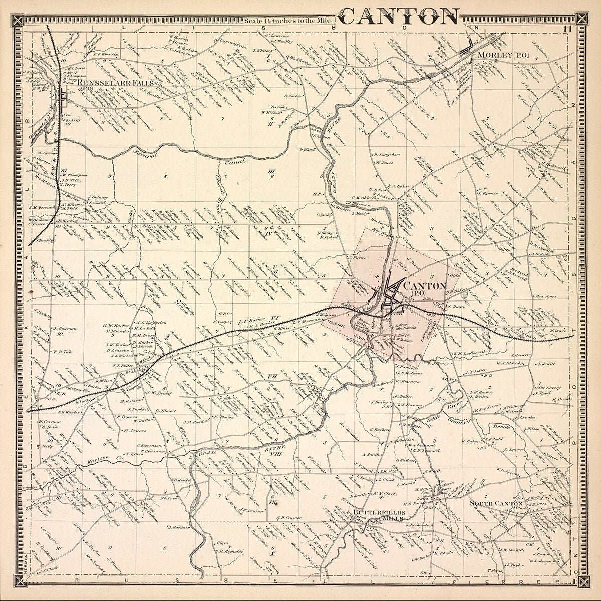 1865 Map of Canton Township Saint Lawrence County New York