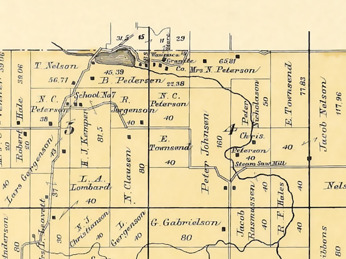 1889 Map of Waupaca Township Waupaca County Wisconsin