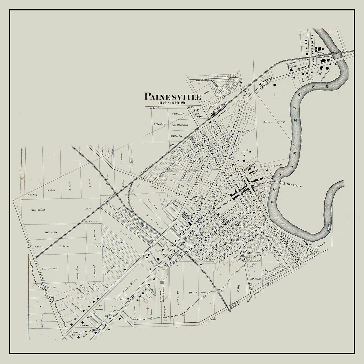 1857 Town Map of Painesville Lake County Ohio