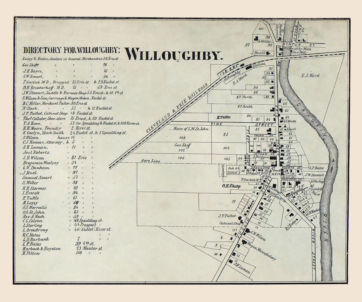 1857 Town Map of Willoughby Lake County Ohio