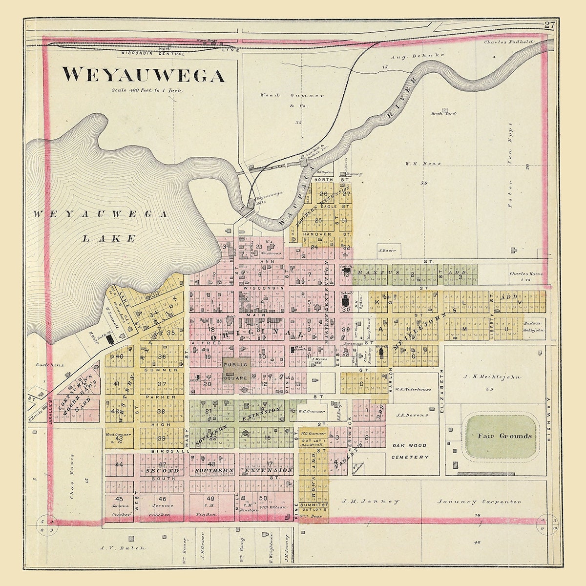1889 Town Map of Weyauwega Waupaca County Wisconsin