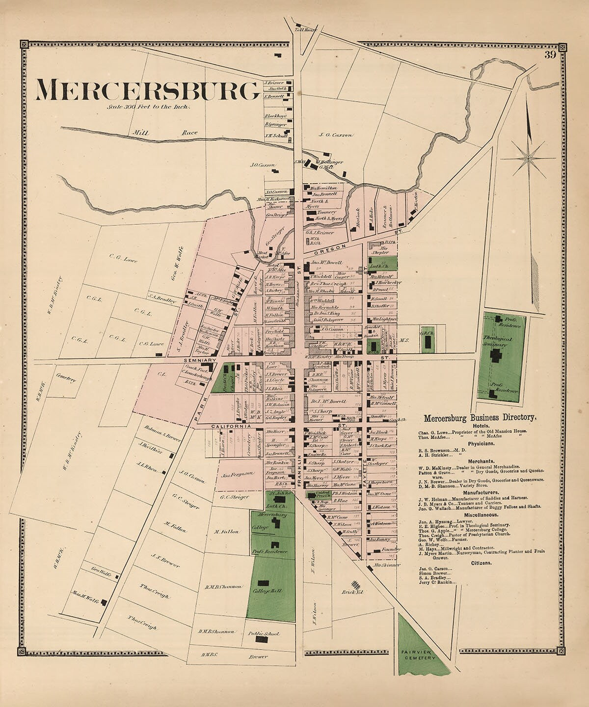 1868 Town Map of Mercersburg Franklin County Pennsylvania