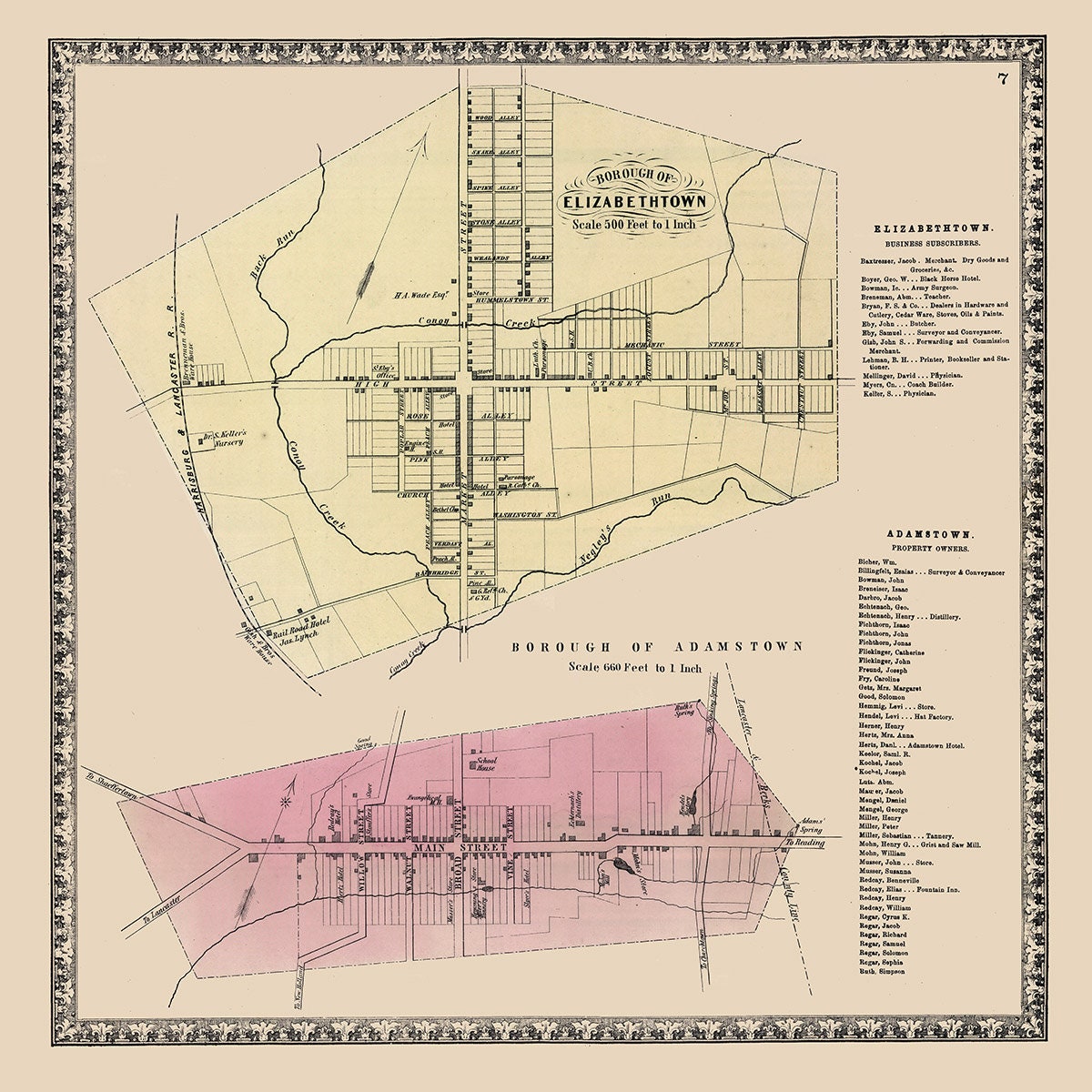 1864 Town Map of Elizabethtown Lancaster County Pennsylvania Adamstown