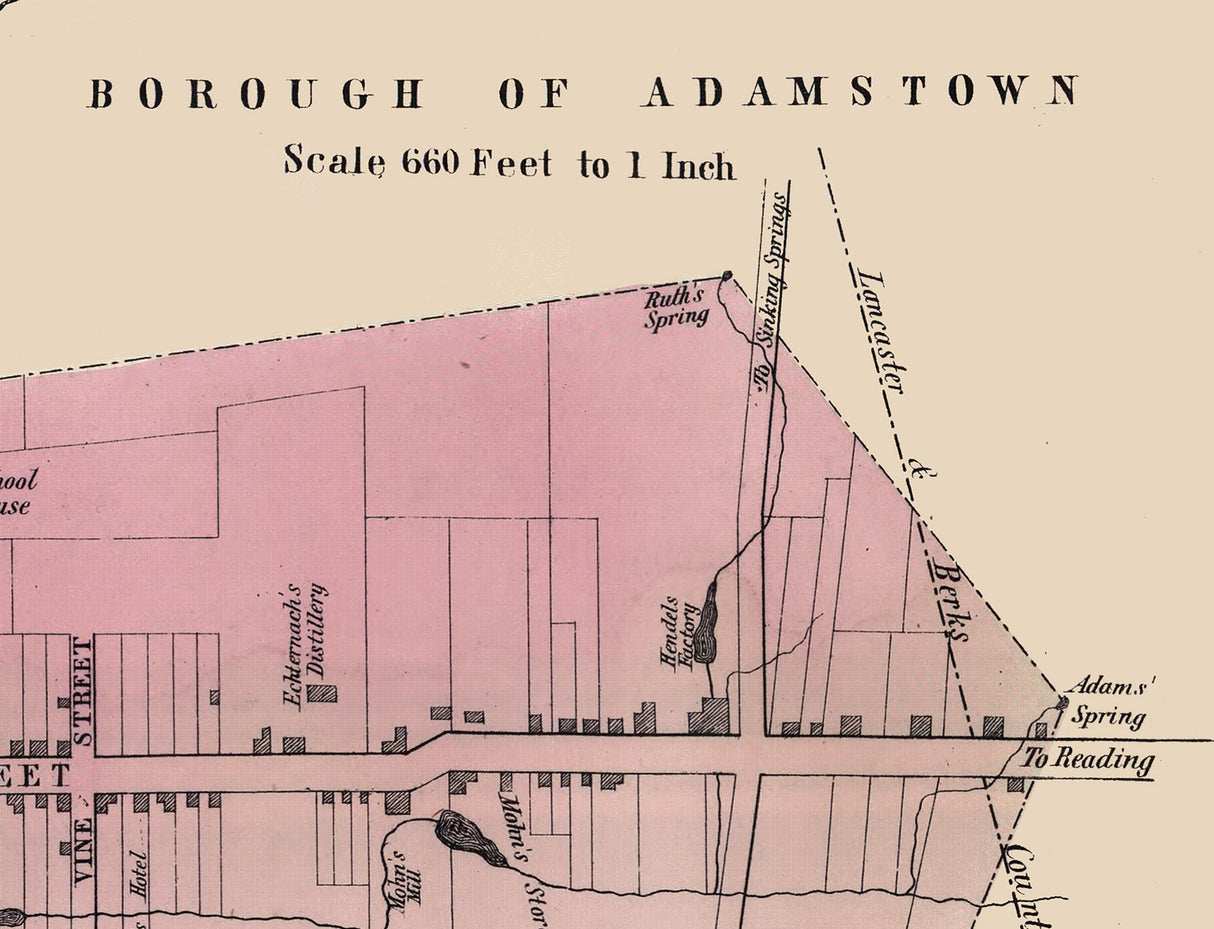 1864 Town Map of Elizabethtown Lancaster County Pennsylvania Adamstown