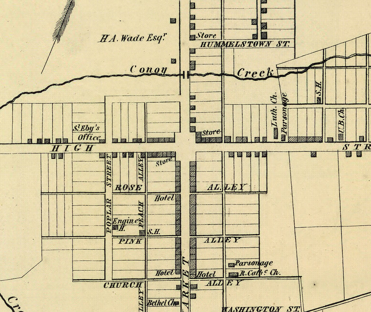 1864 Town Map of Elizabethtown Lancaster County Pennsylvania Adamstown