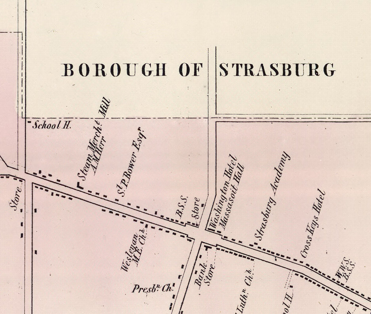 1864 Town Map of Manheim Lancaster County Pennsylvania Strasburg
