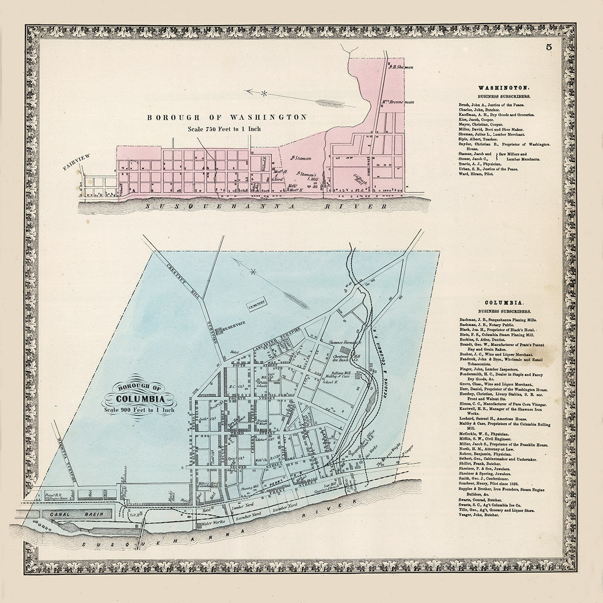 1864 Town Map of Washington Lancaster County Pennsylvania Columbia