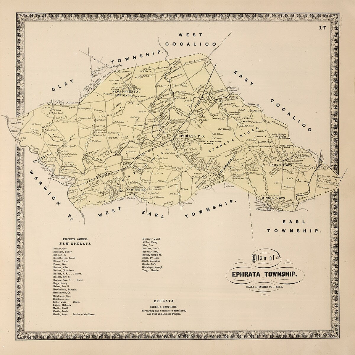 1864 Map of Ephrata Township Lancaster County Pennsylvania