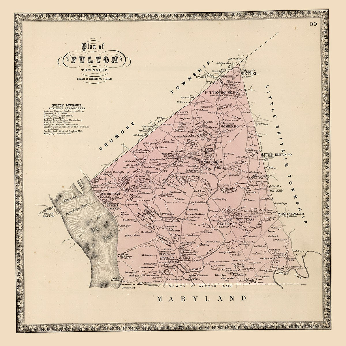 1864 Map of Fulton Township Lancaster County Pennsylvania