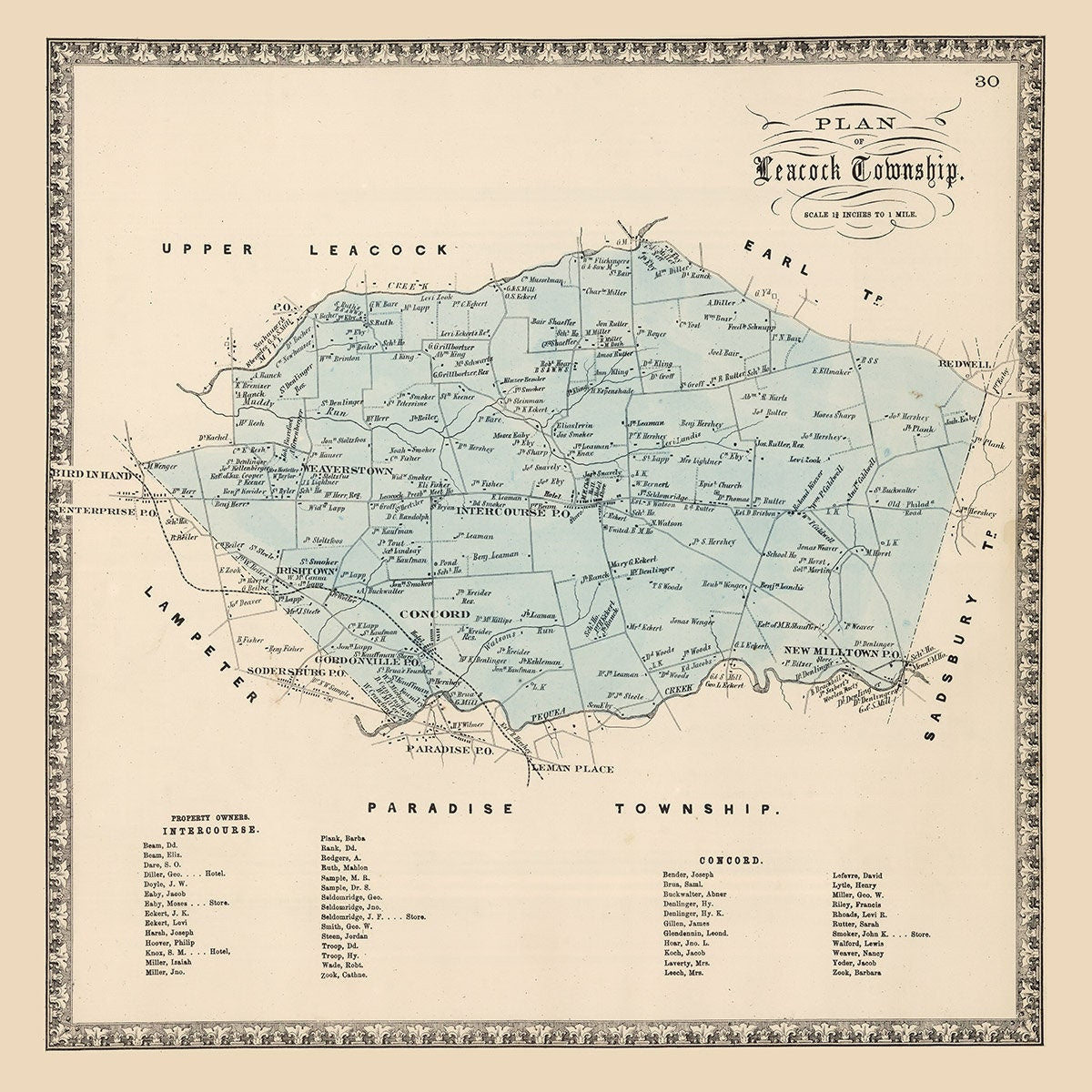 1864 Map of Leacock Township Lancaster County Pennsylvania