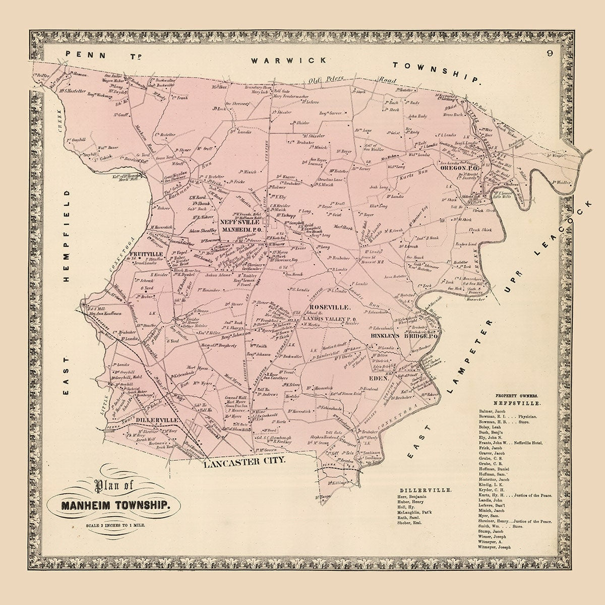 1864 Map of Manheim Township Lancaster County Pennsylvania