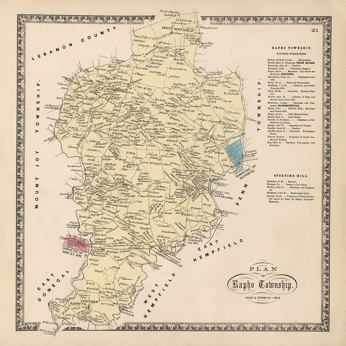 1864 Map of Rapho Township Lancaster County Pennsylvania