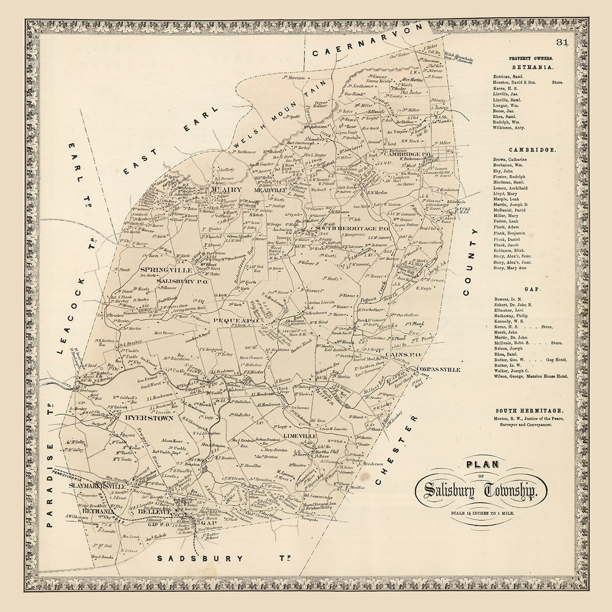 1864 Map of Salisbury Township Lancaster County Pennsylvania