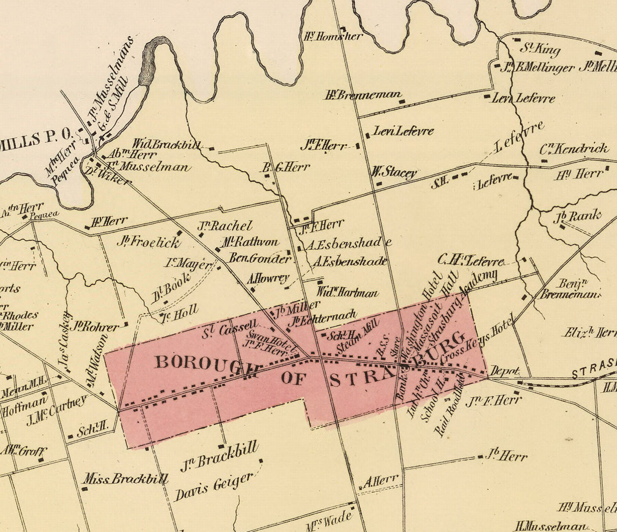 1864 Map of Strasburg Township Lancaster County Pennsylvania