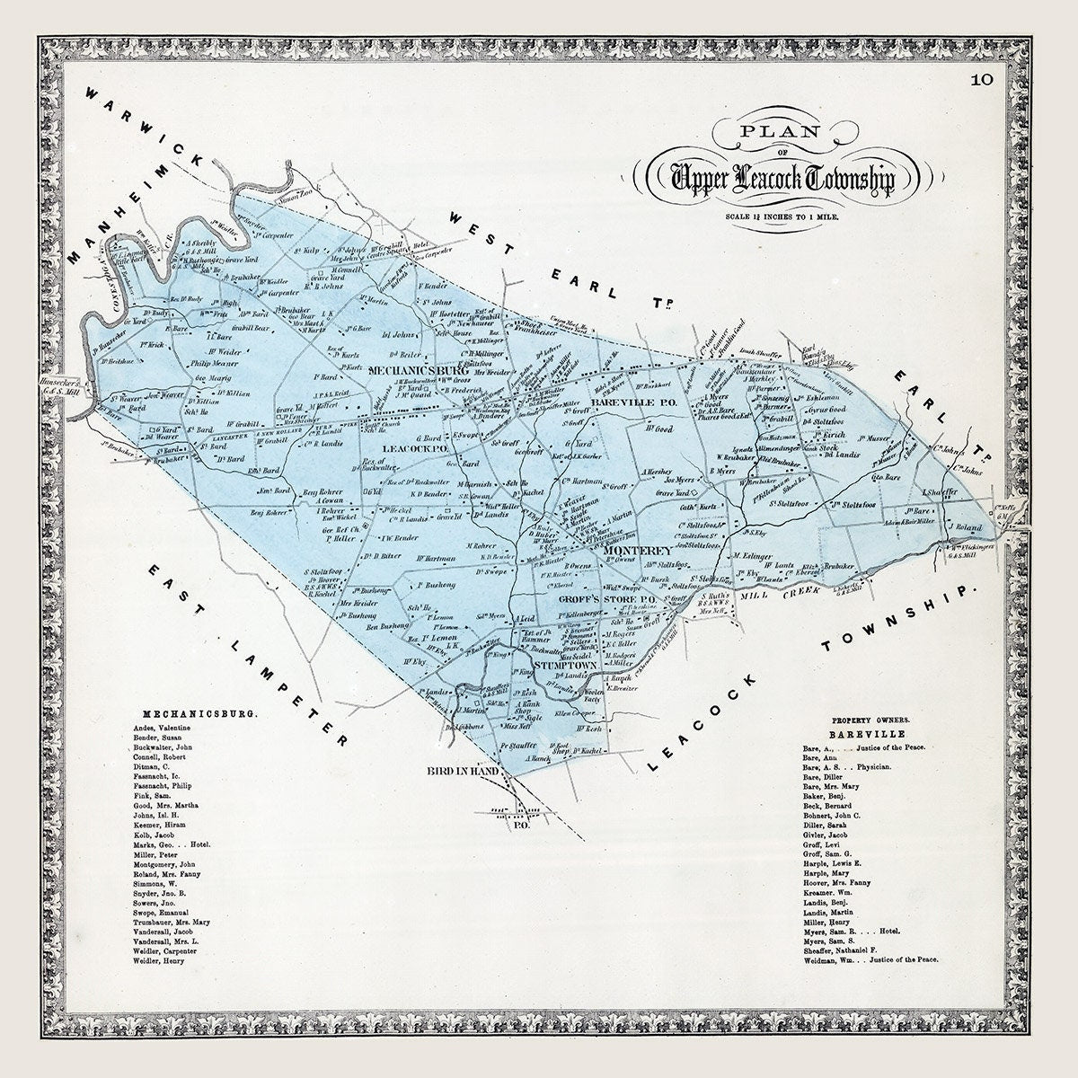 1864 Map of Upper Leacock Township Lancaster County Pennsylvania