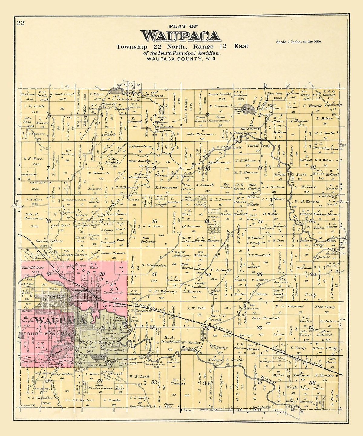 1889 Map of Waupaca Township Waupaca County Wisconsin