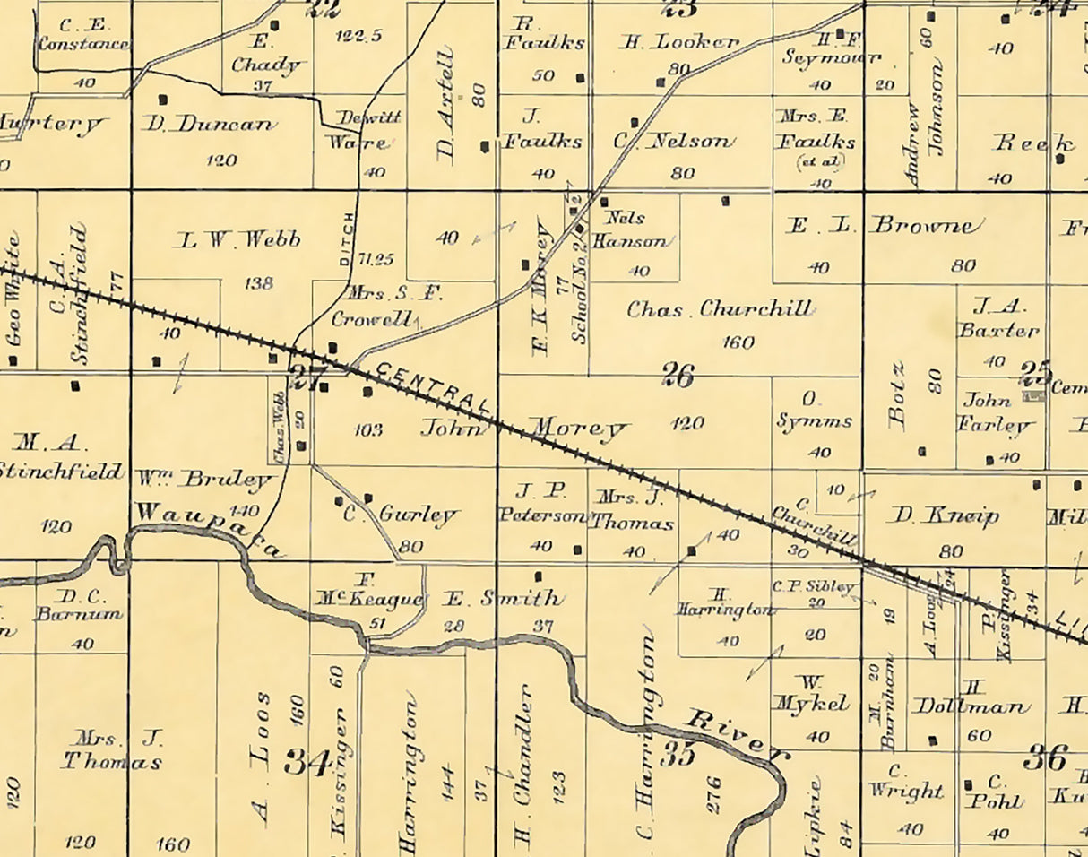 1889 Map of Waupaca Township Waupaca County Wisconsin