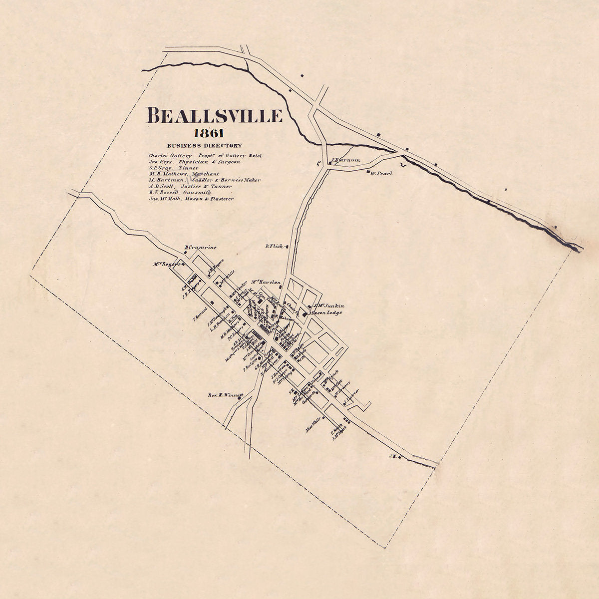 1861 Town Map of Beallsville Washington County Pennsylvania