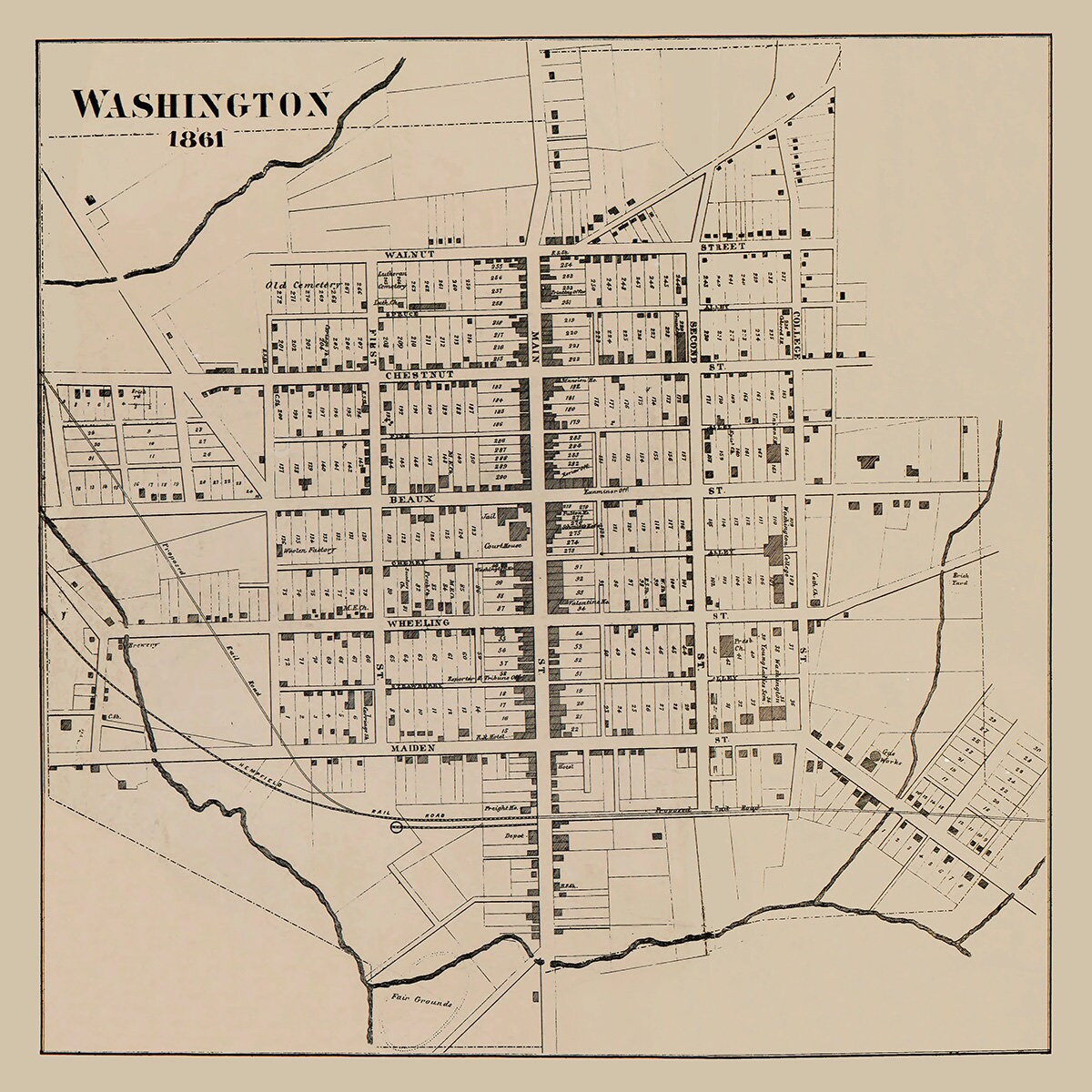 1861 Town Map of Washington Washington County Pennsylvania