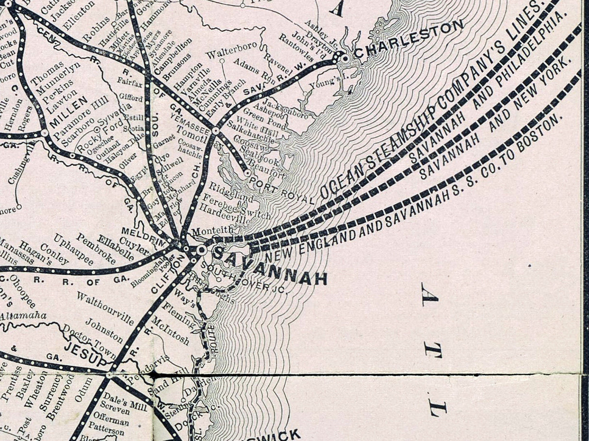 1892 Railroad and Steamboat Connection Map New England and Savannah