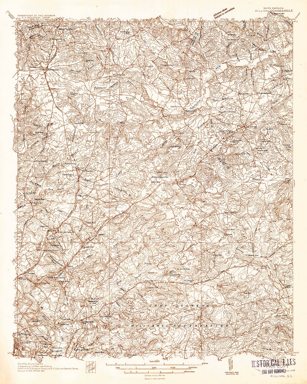 1935 Topo Map of Killian South Carolina Quadrangle White Pond