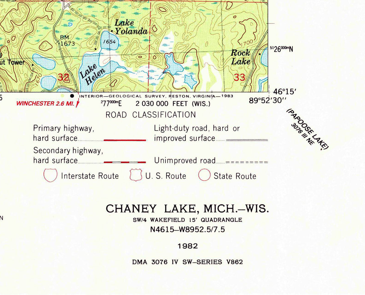 1982 Topo Map of Chaney Lake Michigan Quadrangle