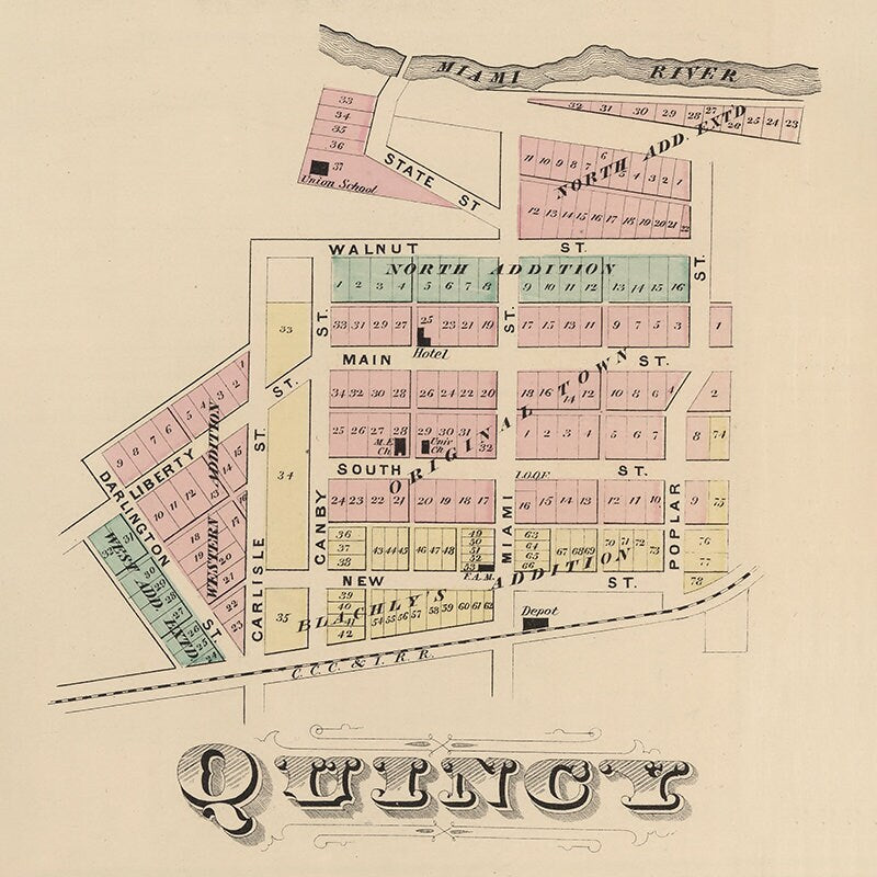 1875 Town Map of Quincy Logan County Ohio