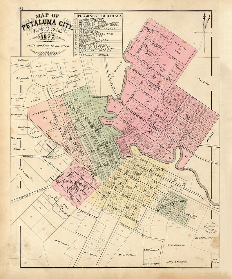 1877 Map of Petaluma City Sonoma County California