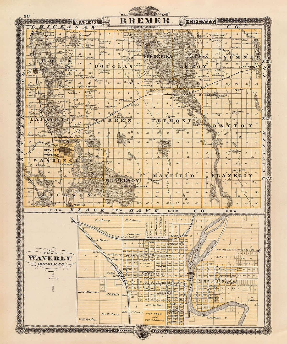 1875 Map of Bremer County Iowa Waverly