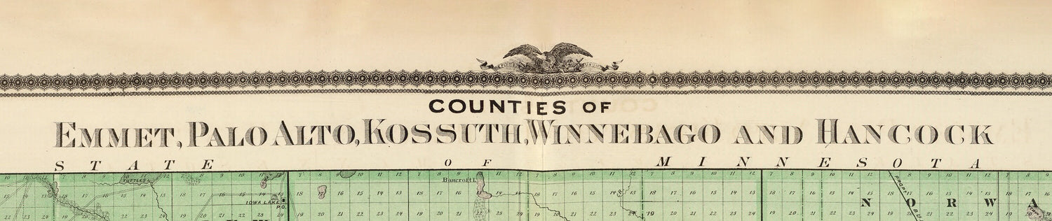 1875 Map of Emmet Palo Alto Kossuth Winnebago and Hancock County Iowa