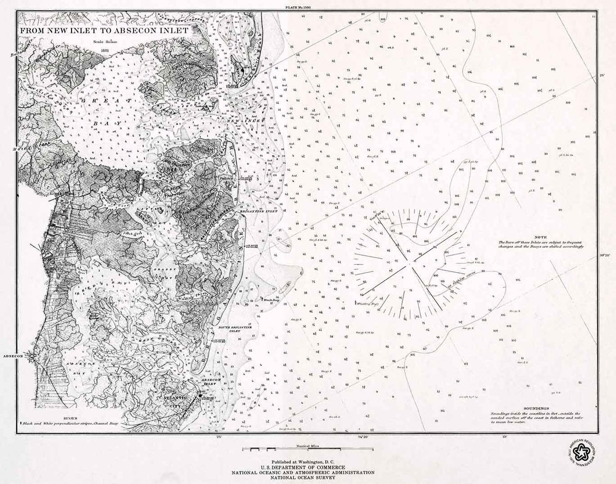 1881 Nautical Map of New Inlet to Absecon Inlet New Jersey